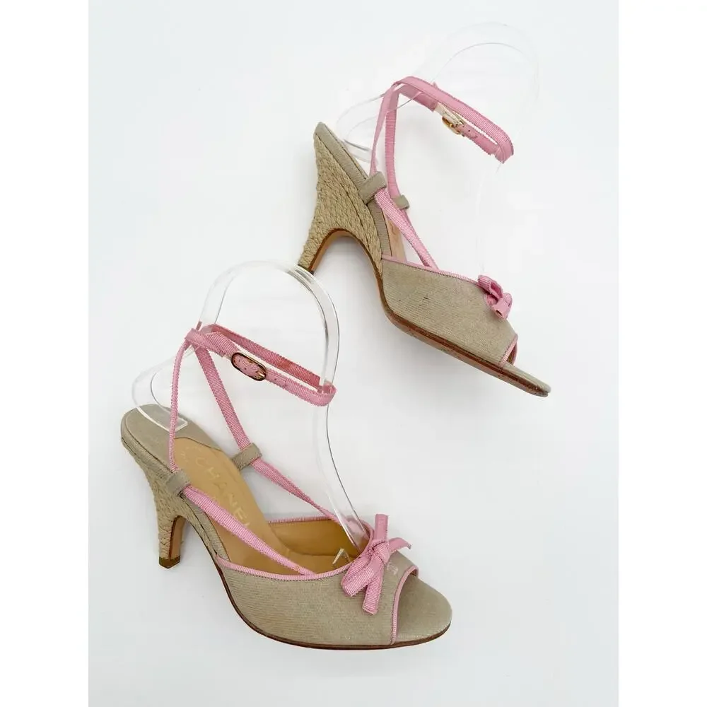 Chanel Vintage Beige Canvas Pink Grosgrain CC Bow Strappy Sandals Heels EU 36